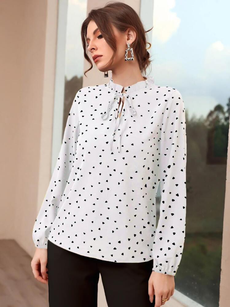 Modelyn גדיל עניבה קדמית לב כל האותיות אלגנטי חולצות לנשים - לבן - ראה 4