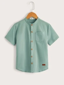 SHEIN 適合青少年男孩的字母拼接鈕扣襯衫 - 青碧色 - 查看 1