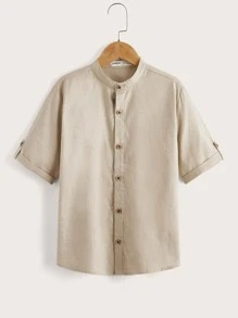 SHEIN 男孩捲邊袖素色襯衫