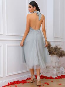 LOVE&LEMONADE Cross Wrap Tie Backless Mesh Halter Dress - Light Grey - View 2