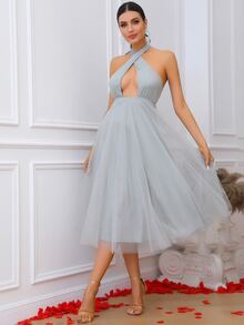 LOVE&LEMONADE Cross Wrap Tie Backless Mesh Halter Dress - Light Grey - View 5