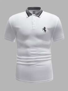 GENTILAND Men Horse Print Contrast Trim Polo Shirt - White - View 1