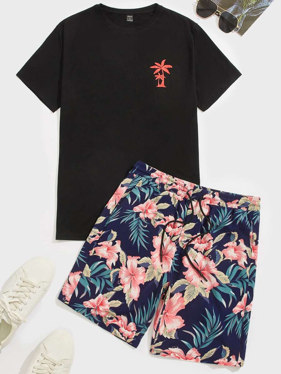 GENTILAND Men Tropical Print Tee & Drawstring Waist Shorts - Multicolor - View 1