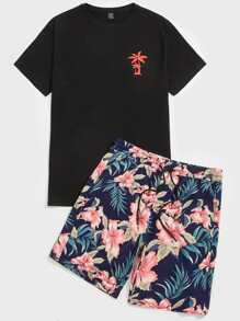 GENTILAND Men Tropical Print Tee & Drawstring Waist Shorts - Multicolor - View 3
