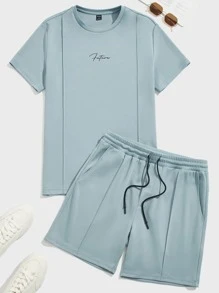 GENTILAND Men Letter Graphic Press Crease Tee & Drawstring Waist Shorts - Dusty Blue - View 1