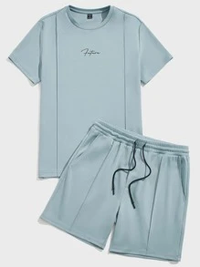 GENTILAND Men Letter Graphic Press Crease Tee & Drawstring Waist Shorts - Dusty Blue - View 3