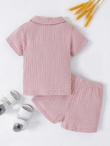 Bộ đồ Em bé Nút phía trước màu trơn Giải trí - Bụi hồng - Xem 2