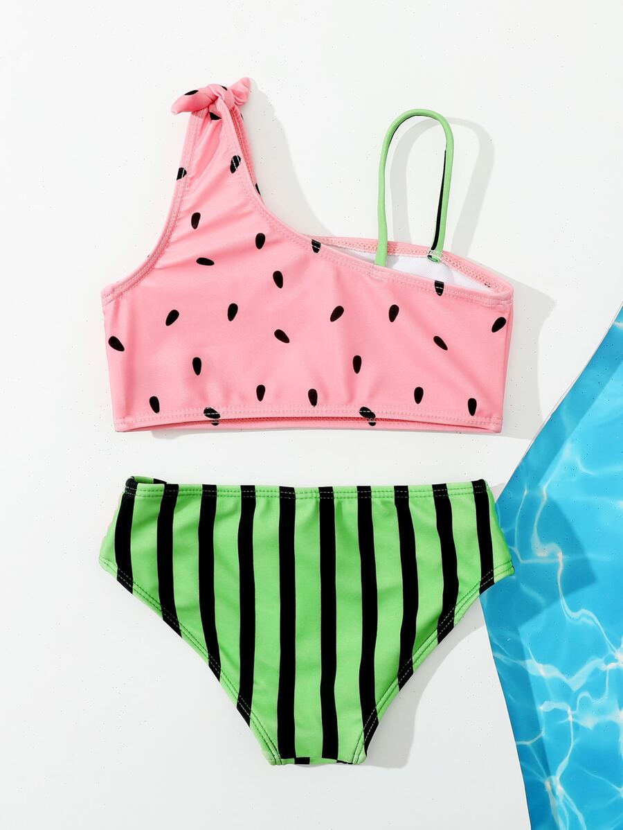 Young Girl Watermelon Print Asymmetrical Bikini Set Summer Beach