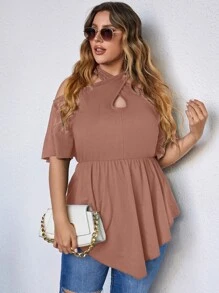 SHEIN Unity Plus Cold Shoulder Asymmetric Peplum Tee - Dusty Pink - View 1