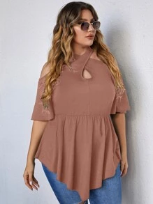 SHEIN Unity Plus Cold Shoulder Asymmetric Peplum Tee - Dusty Pink - View 3