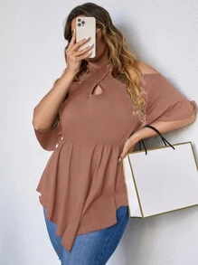 SHEIN Unity Plus Cold Shoulder Asymmetric Peplum Tee - Dusty Pink - View 5