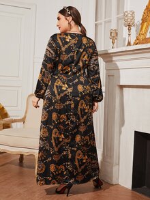 Mulvari 大碼滿版印花深V領燈籠袖鏤空連衣裙 - 彩色 - 查看 2