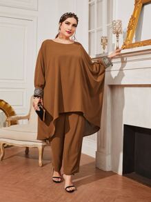 Modelyn Plus Contrast Sequin Batwing Sleeve High Low Hem Top & Trousers - Brown - View 1
