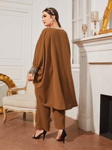 Modelyn Plus Contrast Sequin Batwing Sleeve High Low Hem Top & Trousers - Brown - View 2