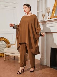 Modelyn Plus Contrast Sequin Batwing Sleeve High Low Hem Top & Trousers - Brown - View 4