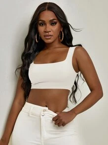 Slaydiva Solid Crop Tank Top - White - View 1