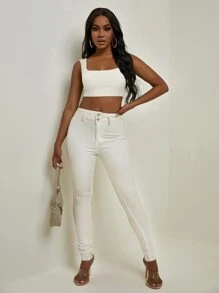 Slaydiva Solid Crop Tank Top - White - View 5