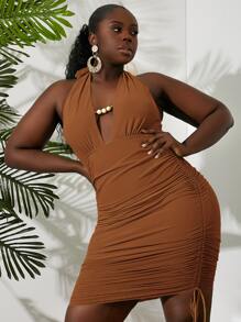 SHEIN Vestido ajustado de cuello profundo de espalda abierta con cordón lateral de malla halter - Marrón - Ver 1
