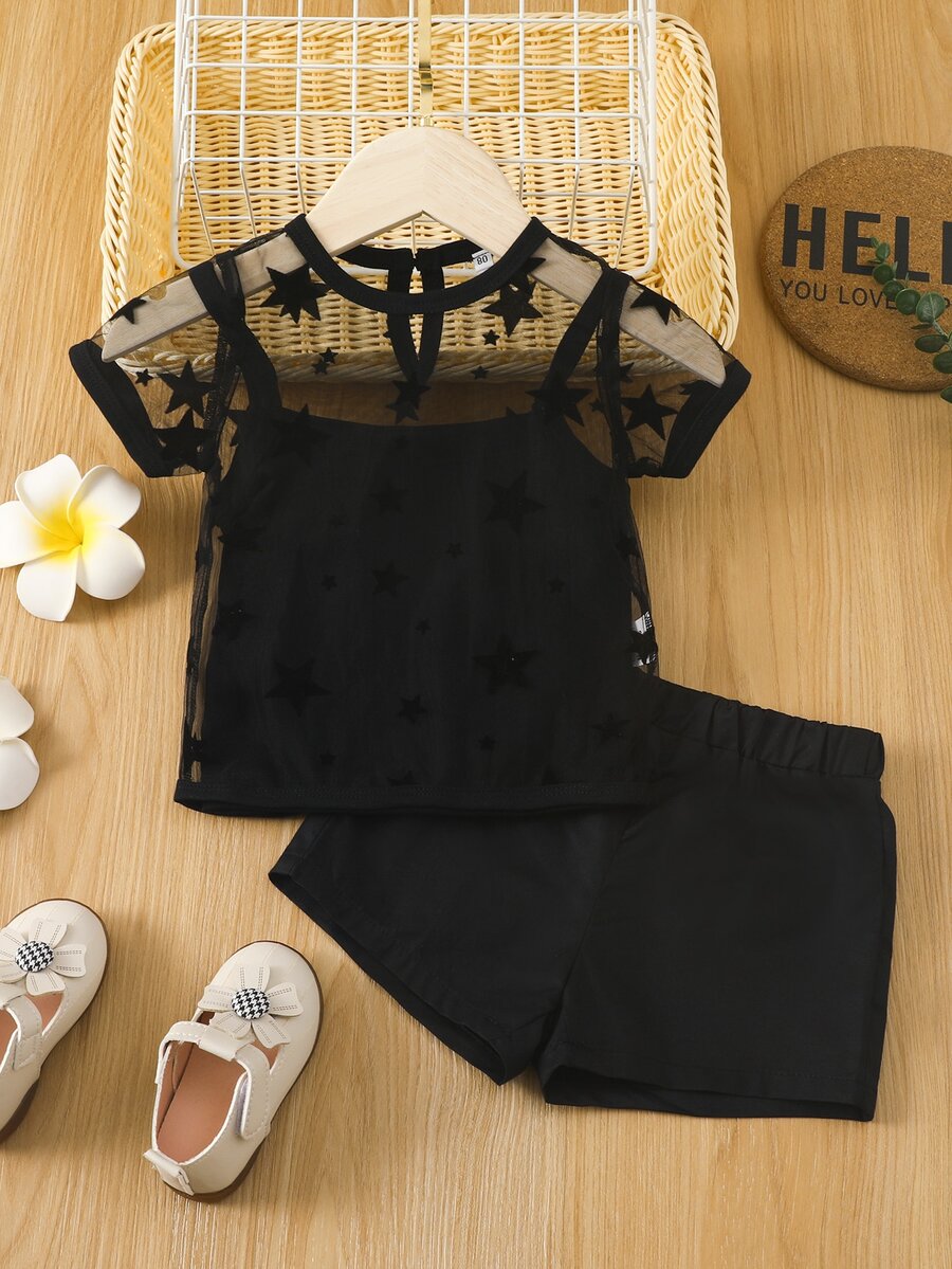 Bebé unicolor Top de tirantes & con estrella de malla Shorts con top - Negro - Ver 1