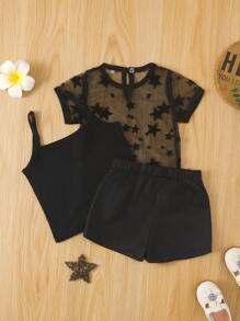 Bebé unicolor Top de tirantes & con estrella de malla Shorts con top - Negro - Ver 2