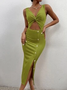 SHEIN PETITE Đầm Cắt ra Tách cao màu trơn Gợi cảm - Màu xanh Ô liu - Xem 4