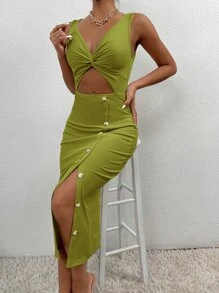 SHEIN PETITE Đầm Cắt ra Tách cao màu trơn Gợi cảm - Màu xanh Ô liu - Xem 5