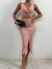 SHEIN PETITE Women Dresses Memotong Split Thigh Plain Seksi - Dusty Pink - View 3