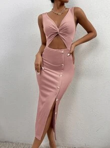 SHEIN PETITE Women Dresses Memotong Split Thigh Plain Seksi - Dusty Pink - View 4