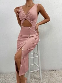 SHEIN PETITE Women Dresses Memotong Split Thigh Plain Seksi - Dusty Pink - View 5