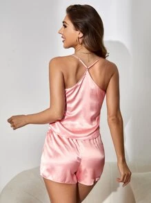Satin Cami Top & Shorts PJ Set / Pajama Set - Coral Pink - View 2