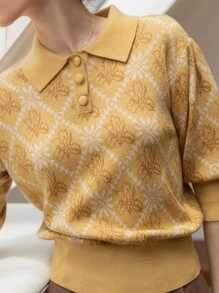 Jersey floral de cuello en contraste con botón delantero