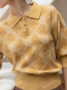 Simple Retro Jersey floral de cuello en contraste con botón delantero