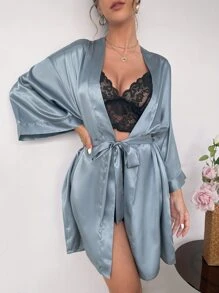 Áo choàng Nữ Thắt lưng màu trơn Thanh lịch - Màu xanh bụi bặm - Xem 1