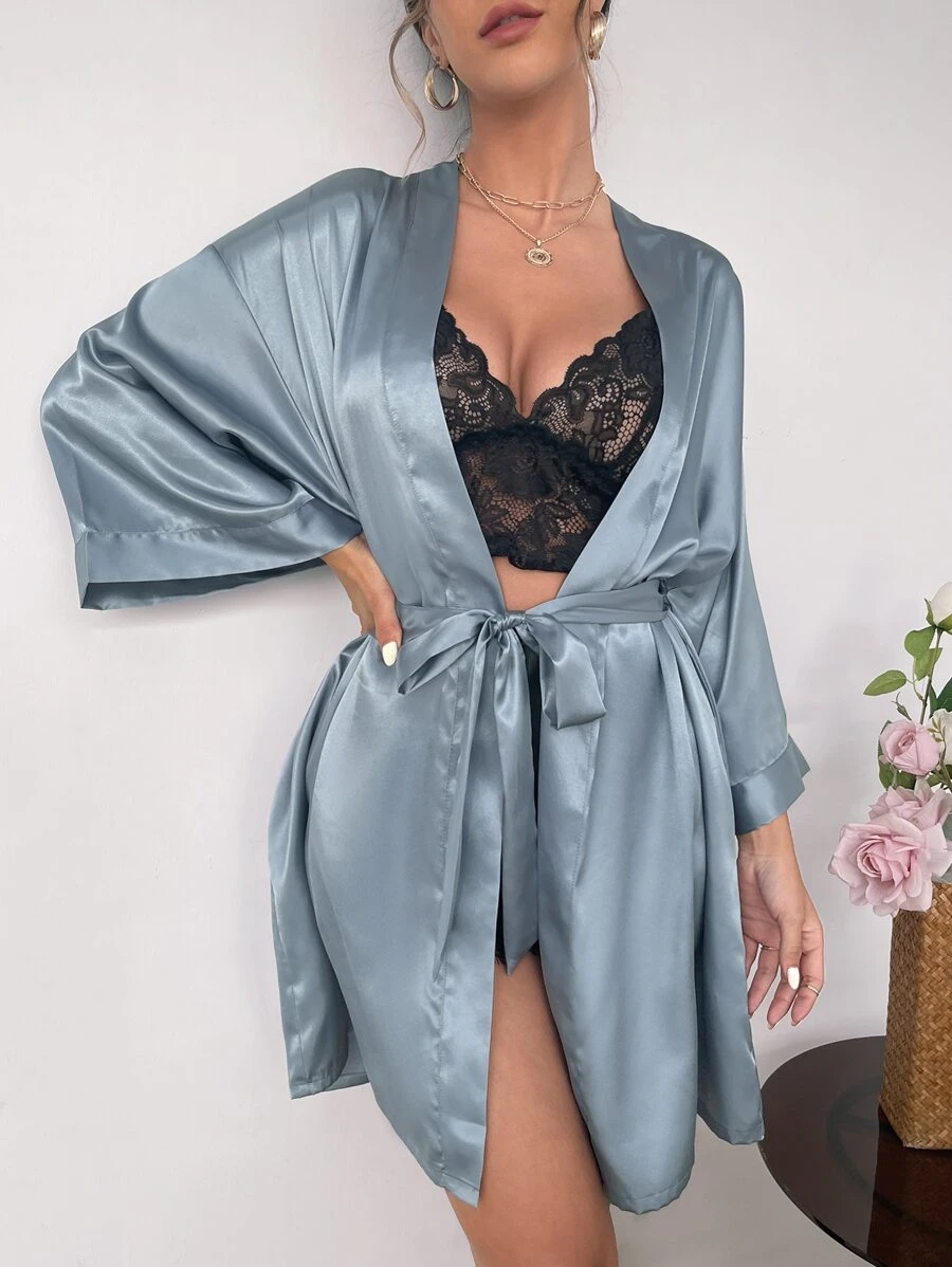 Áo choàng Nữ Thắt lưng màu trơn Thanh lịch - Màu xanh bụi bặm - Xem 1