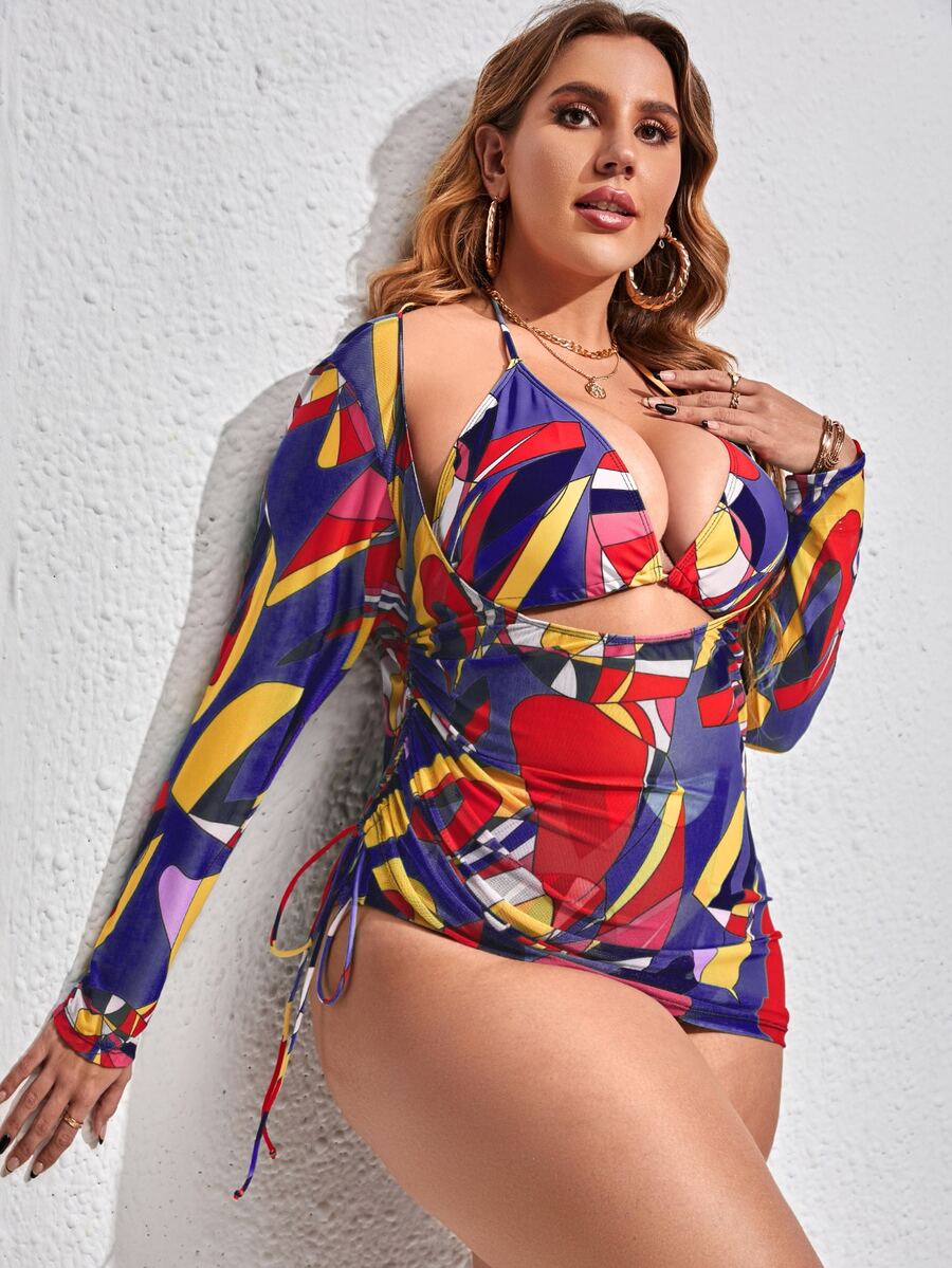 Plus Size Allover Print Halter Triangle Bikini Set & Cover Up Summer Beach - Multicolor - View 1