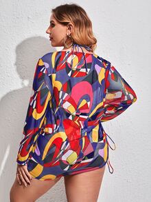 Plus Size Allover Print Halter Triangle Bikini Set & Cover Up Summer Beach - Multicolor - View 2