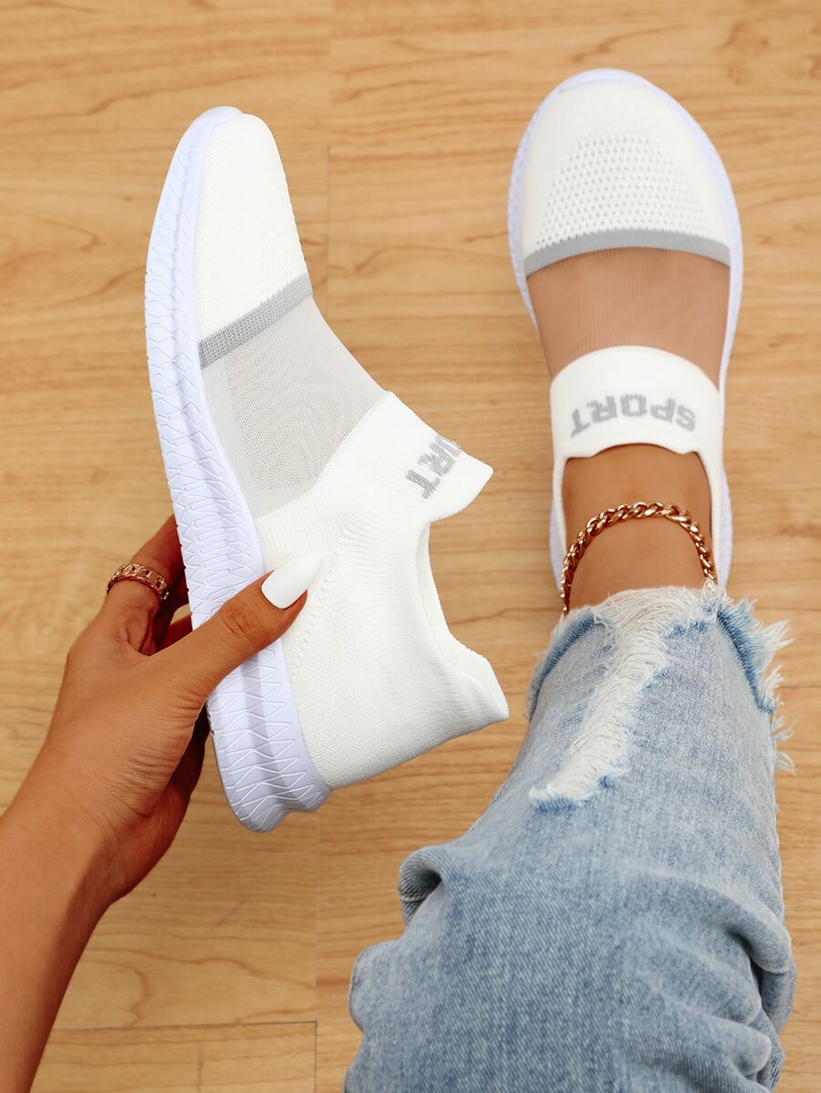 女士白色字母圖案透氣運動鞋,圓頭低幫跑步鞋 - 白色 - 查看 1