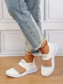 女士白色字母圖案透氣運動鞋,圓頭低幫跑步鞋 - 白色 - 查看 4