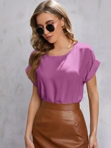 SHEIN LUNE Solid Rolled Sleeve Blouse - Mauve Purple - View 1