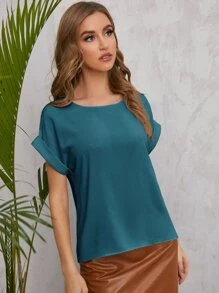 SHEIN LUNE Solid Rolled Sleeve Blouse