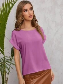 SHEIN LUNE Solid Rolled Sleeve Blouse - Mauve Purple - View 3