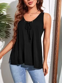 SHEIN LUNE Áo sơ mi nữ Chia Thùa khuyết Thắt nơ trước màu trơn Giải trí - màu đen - Xem 3