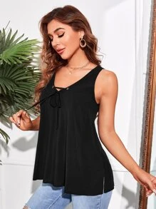 SHEIN LUNE Áo sơ mi nữ Chia Thùa khuyết Thắt nơ trước màu trơn Giải trí - màu đen - Xem 4