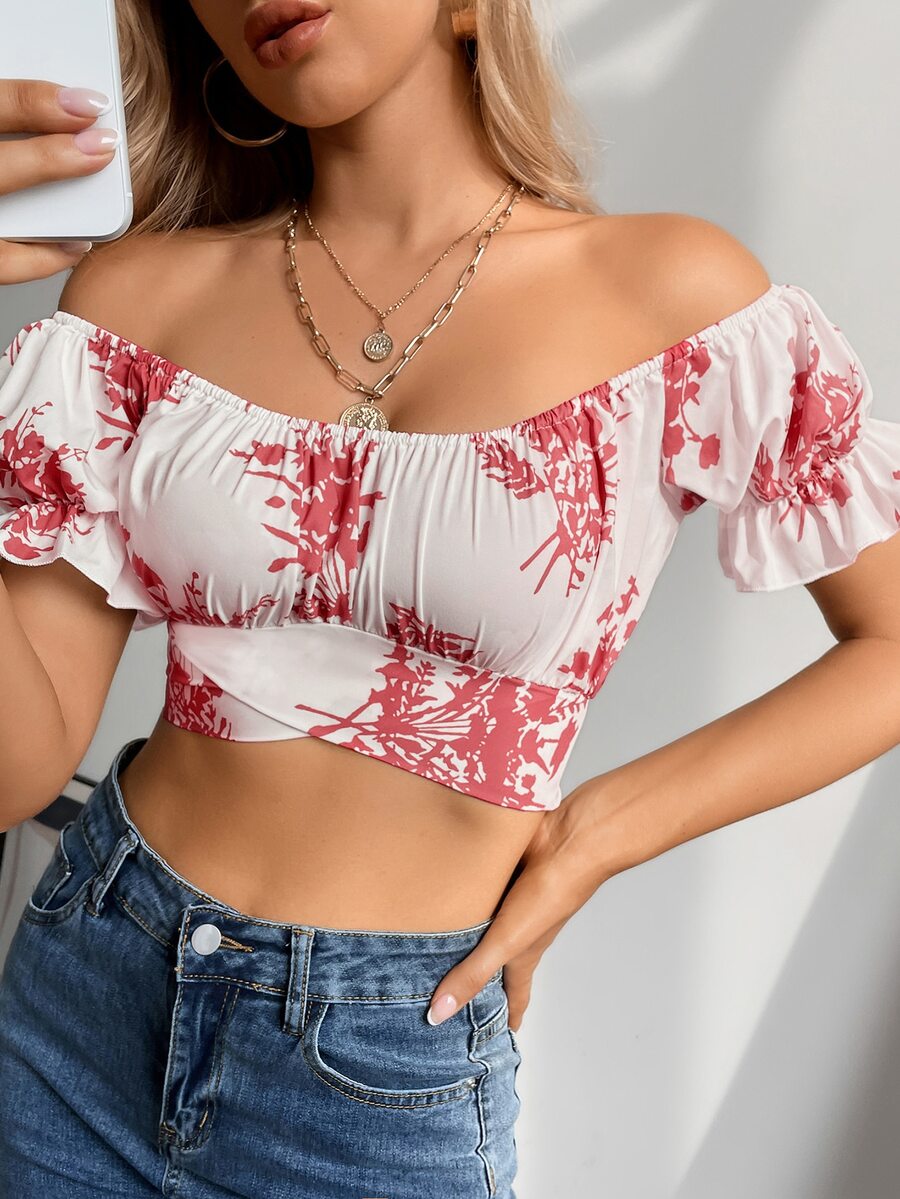 SHEIN Unity 印花一字肩後綁帶上衣 - 紅白色 - 查看 1