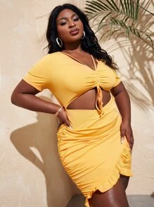Slaydiva Vestido ajustado con cordón delantero fruncido lateral bajo tulipán - Amarillo - Ver 3