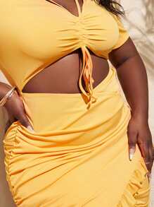 Slaydiva Vestido ajustado con cordón delantero fruncido lateral bajo tulipán - Amarillo - Ver 4