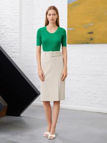 MOTF PREMIUM Váy nữ Thắt lưng Chia Dây kéo màu trơn Thanh lịch - Màu Khaki - Xem 4