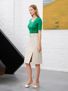 MOTF PREMIUM Váy nữ Thắt lưng Chia Dây kéo màu trơn Thanh lịch - Màu Khaki - Xem 10