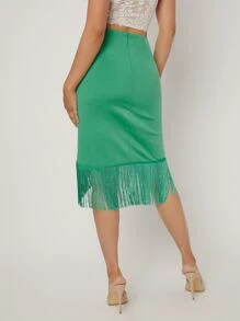 Fringe Hem Ruched Draped Detail Skirt - Green - View 2