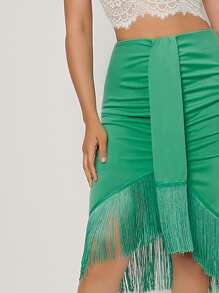 Fringe Hem Ruched Draped Detail Skirt - Green - View 4